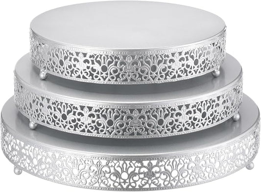 Wenqik 3 Pcs 16'' 14'' 12'' Metal Silver Cake Stand Round Cake Stands for Dessert Table Cookies Fruit Serving Tray Cupcake Dessert Pastry Riser for Wedding Birthday Party and Events(Classic Style)