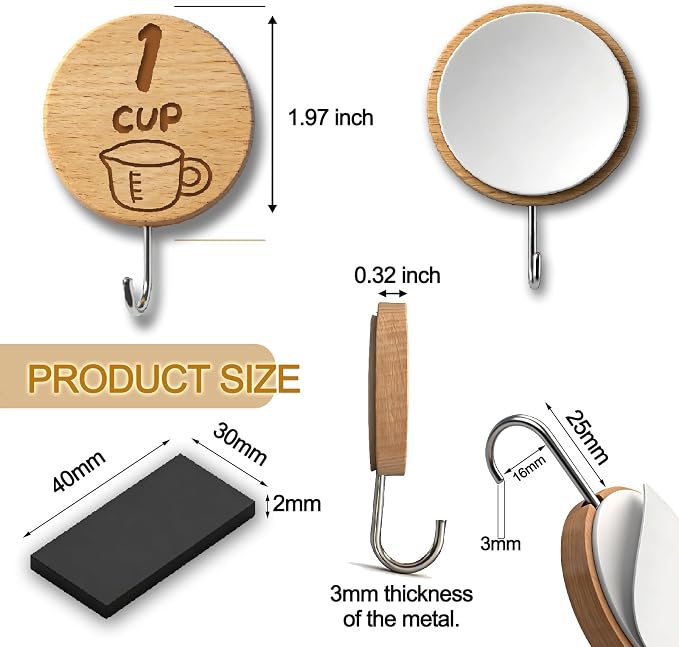 Measuring Cup and Spoon Organizer,14 Pack Adhesive Wood Hooks for Hanging with 2 Kitchen Conversion Chart Stickers,14 Pack adhesive magnetic sheets, measuring cup hooks for inside cabinet door