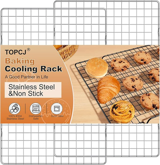 TOPCJ 2PCS Cooling Rack for Baking, 10”X15” Heavy Duty Wire Rack for Grilling,Baking, Roasting,Cooking,Non-Stick,For Jelly Roll Baking Trays,Multi-Purpose Drainer Rack,Stainless Steel,Silver