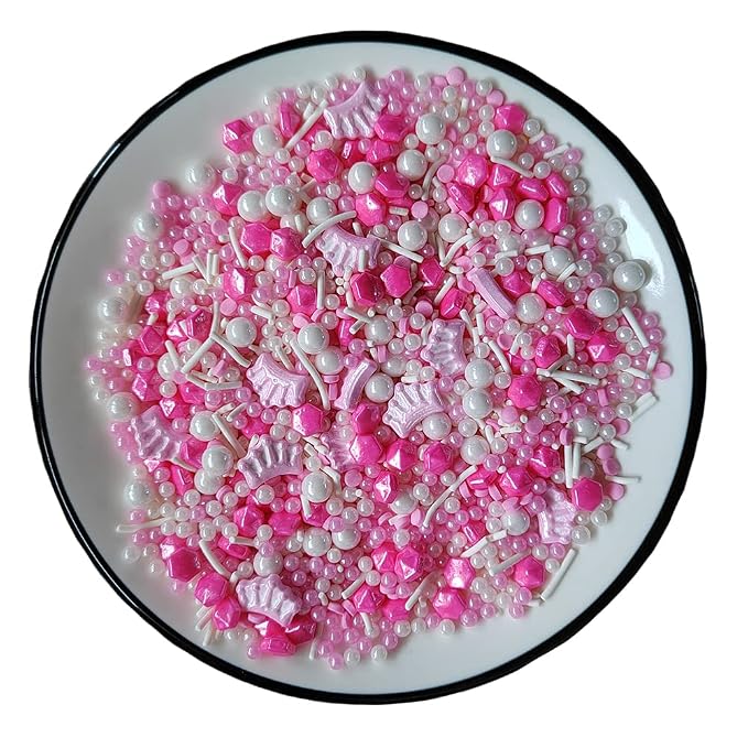 Edible Pink Crown Pearl Sugar Sprinkles Candy Mix Size Baking Edible Cake Decorations Cupcake Toppers Cookie Decorating Wedding Party Valentine Halloween Christmas Supplies 100g/3.53oz