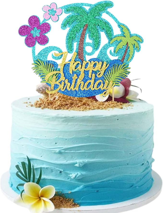 Wootkey Glitter Hawaii Happy Birthday Cake Topper Palm Tree Summer Flower Ocean Hawaiian Cake Decorations Luau Theme Party Supplies