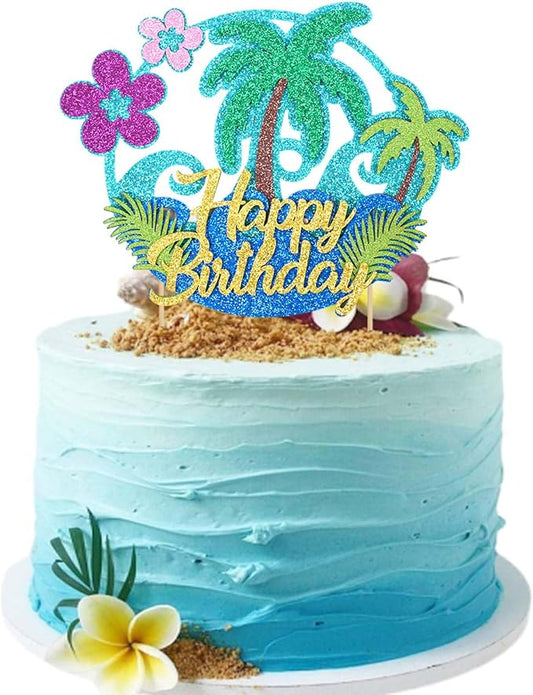 Wootkey Glitter Hawaii Happy Birthday Cake Topper Palm Tree Summer Flower Ocean Hawaiian Cake Decorations Luau Theme Party Supplies