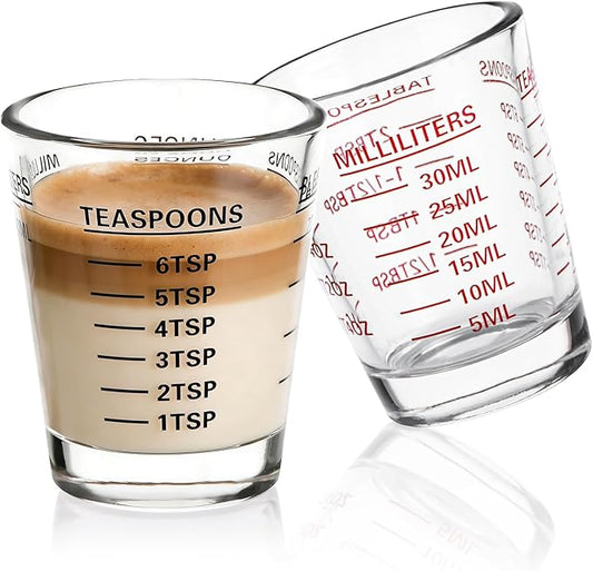 Shot Glasses Measuring Cup Set 2PACK Espresso Shot Glasses Liquid Heavy Glass 26-Incremental Measurement 1 OZ, 2 TBS, 6 TSP, 30 ML Kitchen Tools (RED&Black)