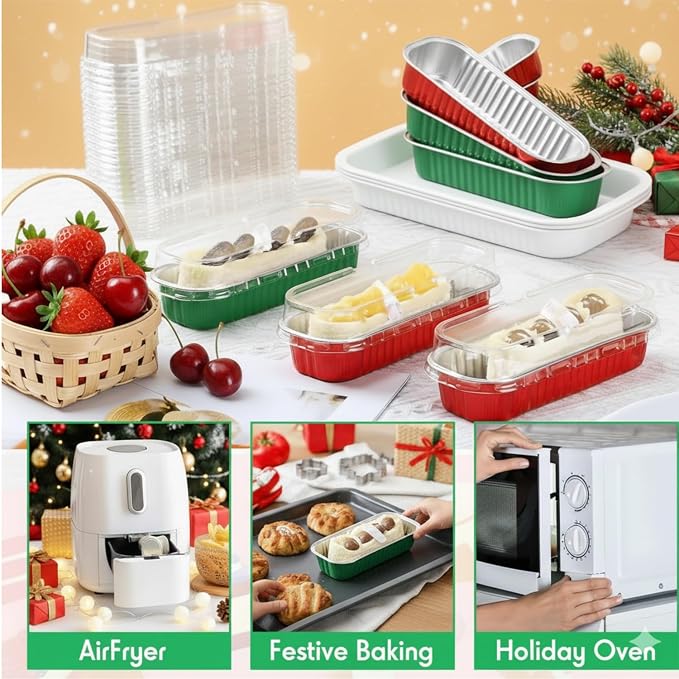 30 Pack 6.8oz Christmas Green Disposable Rectangular Aluminum Foil Mini Loaf Pans with Lids,Mini Cake Pans for Baking, Loaf Baking Pans, Small Individual Containerfor for Patrick’s Day Party Picnics