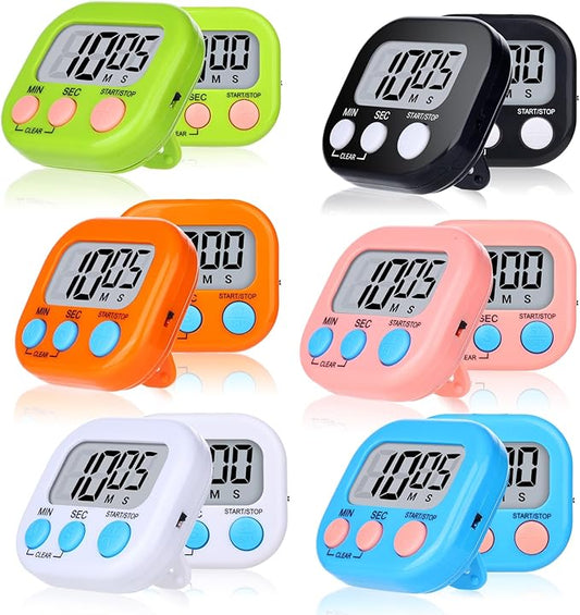 Mwellewm Digital Kitchen Timer 12 Packs Magnetic Classroom Stopwatch Timer 6 Colors Small Digital Countdown Timers for Cooking Mini Loud Alarm Stop for Kitchen Study Work Sports Games Office Clock