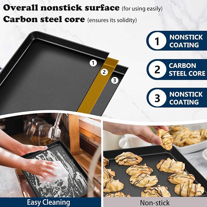 P&P CHEF 16 Inch Baking Cookie Sheet Pan, Carbon Steel Oven Tray, Non Stick Bakeware for Cooking Baking Bread Meat Vegetables, Sturdy & Healthy, Easy Clean, 2Pcs