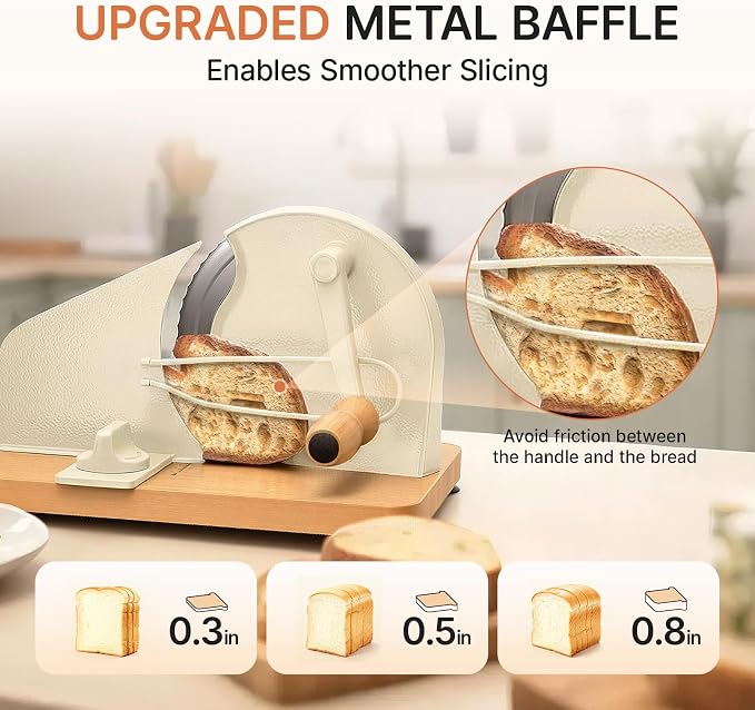 Manual Bread Slicer for Homemade Sourdough, Adjustable Thickness,Hand Crank Bread Cutter with Stainless Steel Blade Slicing Guide, Scale Line Suction Cups & Solid Wood Base