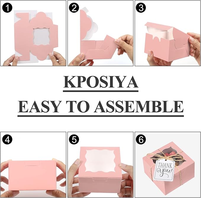 KPOSIYA 60 Pcs Pink Bakery Boxes with Window Individual Cupcake Boxes 4x4x2.5 Inches Cookie Boxes Kraft Paper Pink Gift Box for Pastries, Cookies, Pie, Donuts, Macaroon