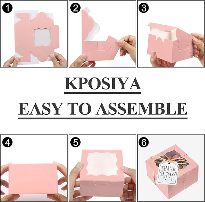 KPOSIYA 120 Pcs Pink Bakery Boxes with Window Individual Cupcake Boxes 4x4x2.5 Inches Cookie Boxes Kraft Paper Brown Gift Box for Pastries, Cookies, Pie, Donuts, Macaroon