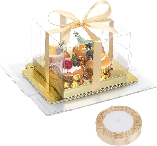 EUSOAR Cupcake Boxes, 6 Pack Rectangle Gold Treat Dessert Wrappers Bakery Pastry Containers 4 Count, Clear Muffins Gift Holder Disposable Mini Cake Carriers Plastic for Wedding Party Favor Supplies