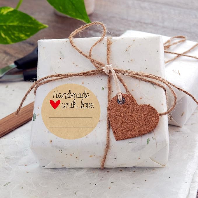 300pcs 2" Handmade with Love Kraft Stickers, Eco-Friendly Canning Labels for Mason Jar with Lines for Writing, Gift Tags for Handmade DIY Gifts, Foods, Treats, Crafts, Beauty, Gift Decoration