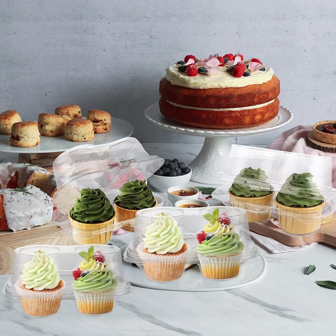 YOUNTHYE 100PCS Cupcake Containers 2 Count Clear Cupcake Boxes Disposable Cupcake Holder with Lid Plastic Cupcake Containers 2 Cavity High Topping Cupcake Container for Cupcakes Muffins Pies