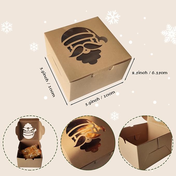Gute 24 Pcs Christmas Kraft Cookie Boxes, Brown Christmas Treat Boxes with Window 4" x 4" x 2.5" Bakery Gift Warpping Box for Xmas Holiday Party Favor Pastries, Cupcakes, Cookies Donuts Gift-Giving