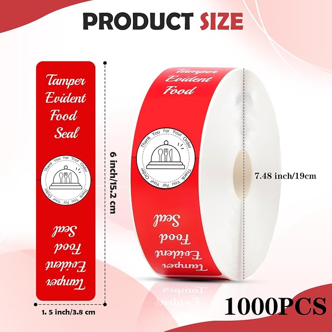 1000 Pcs Tamper Evident Stickers for Food Delivery 1.5 x 6 Inches Red Tamper-Proof Safe Seal Tape & Labels - for Sealing Drink, Food & Pizza Boxes to Preserve Freshness
