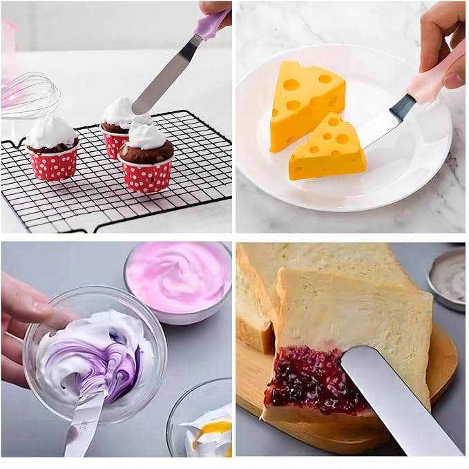 Cake Cream Spatulas, 3 Pieces of Cake Angled Spatula with Stainless Steel, Professional Cake Decorating, Pastry & Baking, Icing Frosting Cream Chocolate Cake Spatula (3pcs Pink)