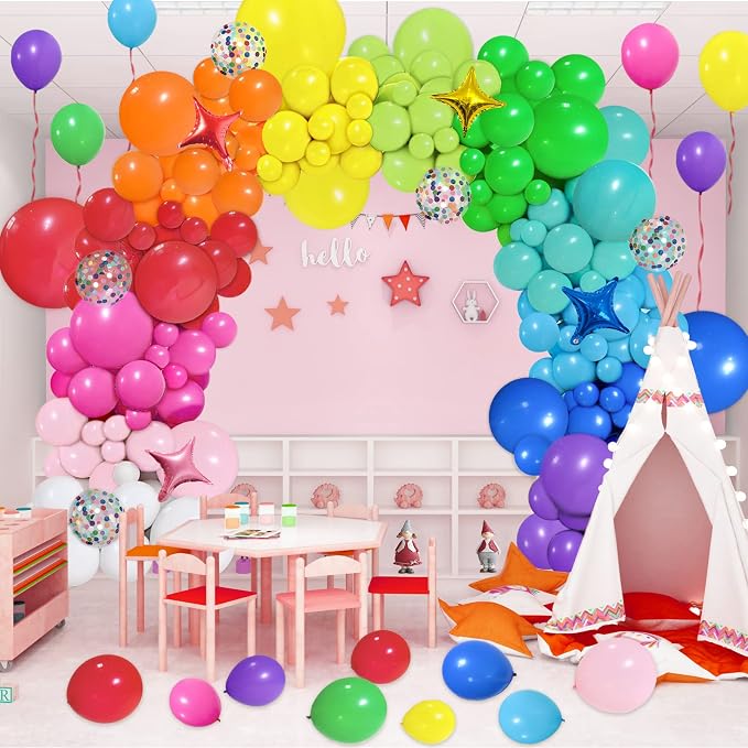 PERPAOL 146pcs Rainbow Balloon Arch Kit, 12 Assorted Multicolor Balloons for Birthday Party, Anniversary, Festival, Carnival Circus Decoration with Star Foil Confetti Balloons