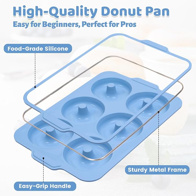 Nonstick Silicone Donut Pan: 3.5 Inch Large Donut Mold with Metal Frame - Bagel Doughnut Pan for Baking Gluten Free Glazed Vegan - for Oven Housewife Home Baker Baking Lovers (Blue)