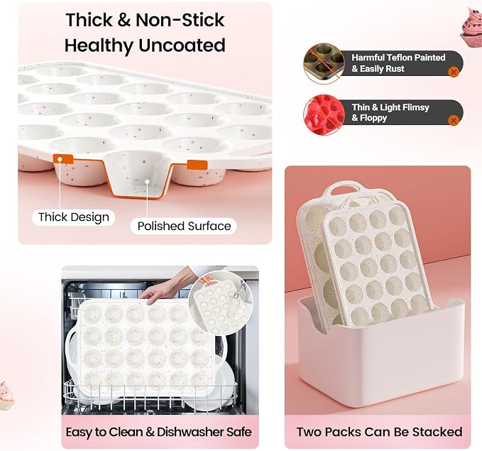Silicone Muffin Pans With Metal Reinforced Frame - 24 Cups Durable Silicone Baking Pan for Muffins, Cupcakes, BPA Free and Dishwasher Safe - Beige with Rainbow Spots, Set of 2