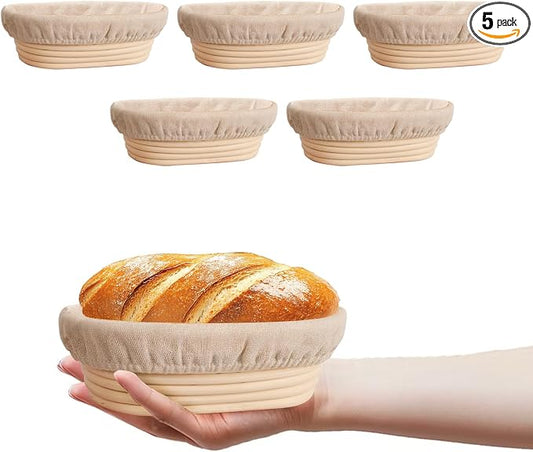 5 Pack Oval Banneton Proofing Basket Set 6 Inch, Natural Rattan Sourdough Bread Baskets with Linen Liners, Mini Dough Baking Bowls for Artisan & Home Bakers (6" Oval, Set of 5)