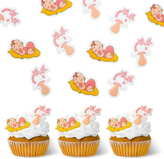 Pink Edible Baby Cake Decorations, Gender Reveal Cupcake Topper Edible, Girl Baby Shower Candy Cookies Chocolates Baking Decor, 16 pcs