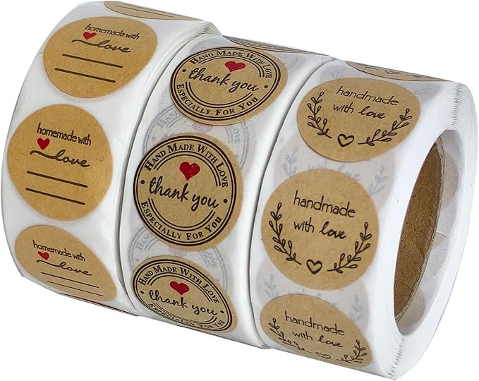 1500 Pcs 1 Inch Kraft Handmade with Love Stickers, Thank You Labels | 3 design rolls with self-adhesive paper labels for bakery packaging, gift bags, envelopes, small business orders, and crafts.