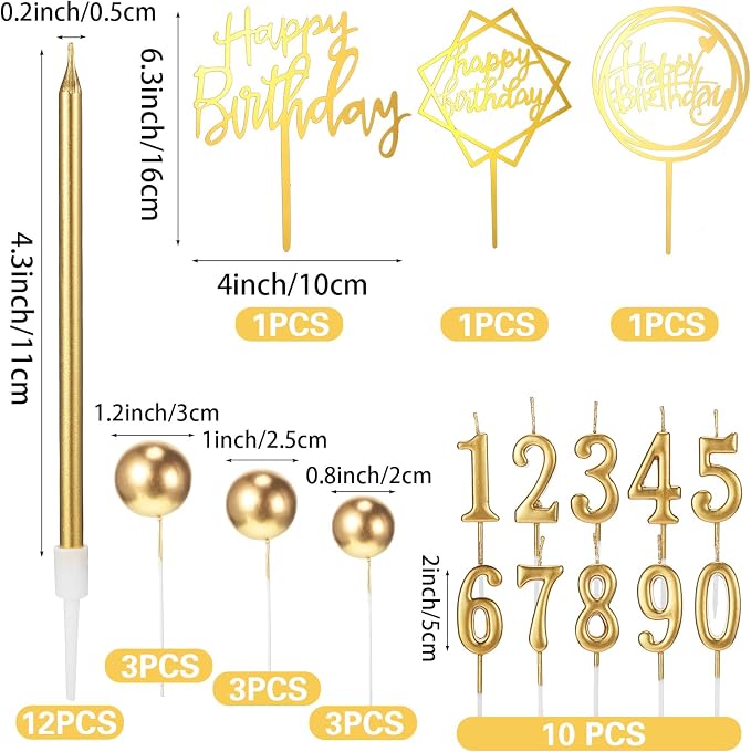 Yerliker 34 Pcs Happy Birthday Cake Toppers Decorations Birthday Candles DIY Cake Decor for Men Women Wedding Anniversary(Gold)
