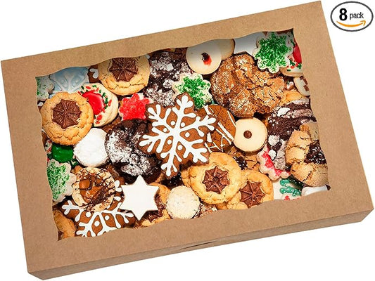 8-Pack Brown Pastry Box12x8x2.5inch,Large Bakery Cookie Box for Donuts,Muffins with Window Lid - Auto-Pop up Paper Box Doughnut Cardboard Chocolate Strawberries Treat Boxes,Pack of 8