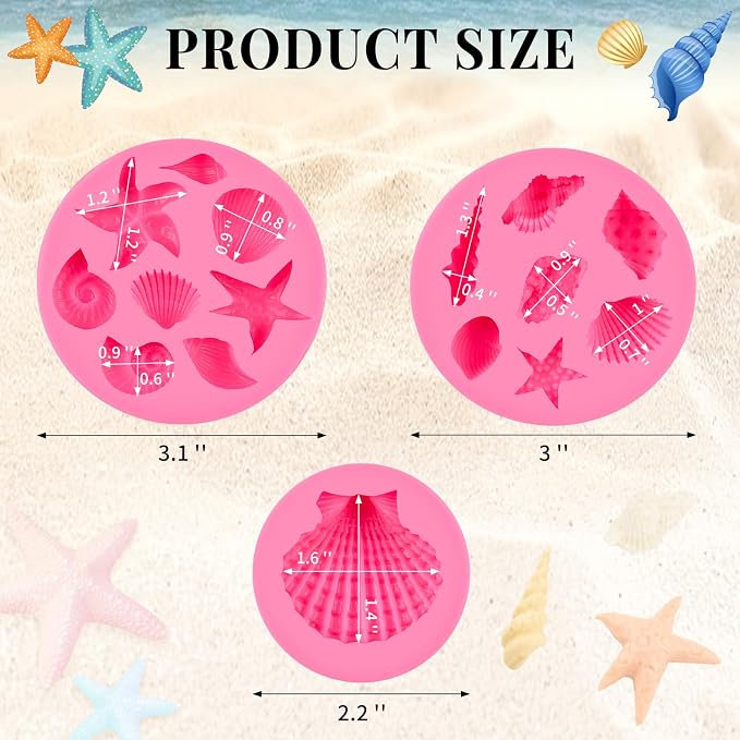 Puyeipt 3 Pcs Marine Silicone Fondant Molds, Seashell Conch Starfish Chocolate Candy Molds for Cupcake Topper, Cake Pop Decoration and Clay Craft Making