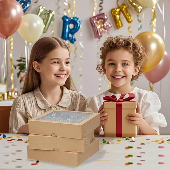 TEMLQPACK 15pcs 8x8x2 Inch Brown Bakery Boxes with Window - Christmas Cookies/Cakesicle Storage