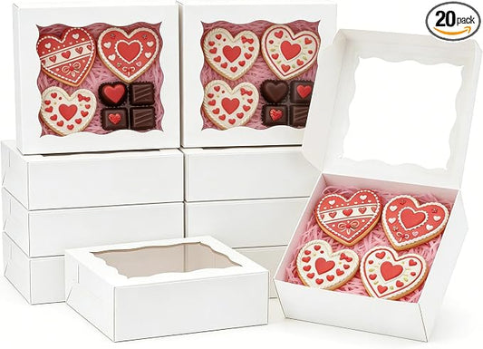 20pcs Cookie Boxes 6x6x2.5 Inch Bakery Boxes with window Chocolate Covered Strawberries Box Treat Box for Mini Cake Macaroon Dessert Pastry Muffins