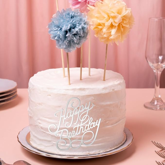 6 PCS Happy Birthday Side Cake Toppers Black Mirror Side Cake Toppers DIY Acrylic Glitter Cake Inserts Celebration Birthday Party Event Cupcake Decorations(Silver)（Need to remove the protective film）