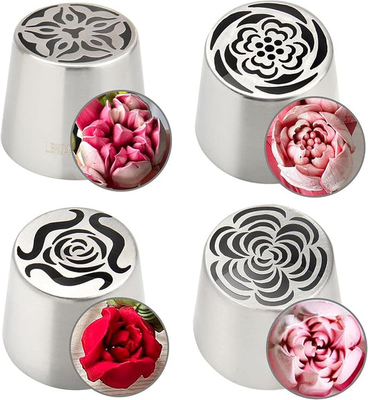 Extra Large Russian Piping Tip Set - 4 Stainless Steel Marshmallow Buttercream Framing Nozzles for 3D Roses Tulip Cake Decorations and Marshmallow Bouquets(4A)