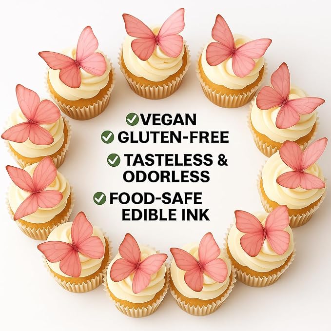 Confect Edible Wafer Paper Butterflies Set of 56 (1.77 x 1.18 Inch Per Buttefly) – Colorful Pink Butterfly Cake Decorations, Cupcake Toppers for Birthday, Wedding, Party – Edible Butterfly Toppers