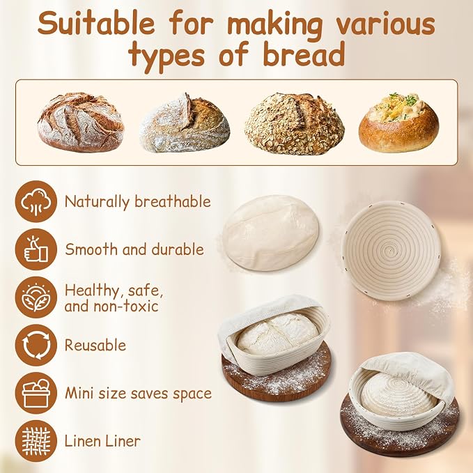 Set of 12 Banneton Bread Proofing Basket with Liner, 5-inch 9-inch Round and 7-inch 10-inch Oval Small Mini Bread Proofing Sourdough Bowl for Sourdough Making, Baking Supplies for Home Bakery