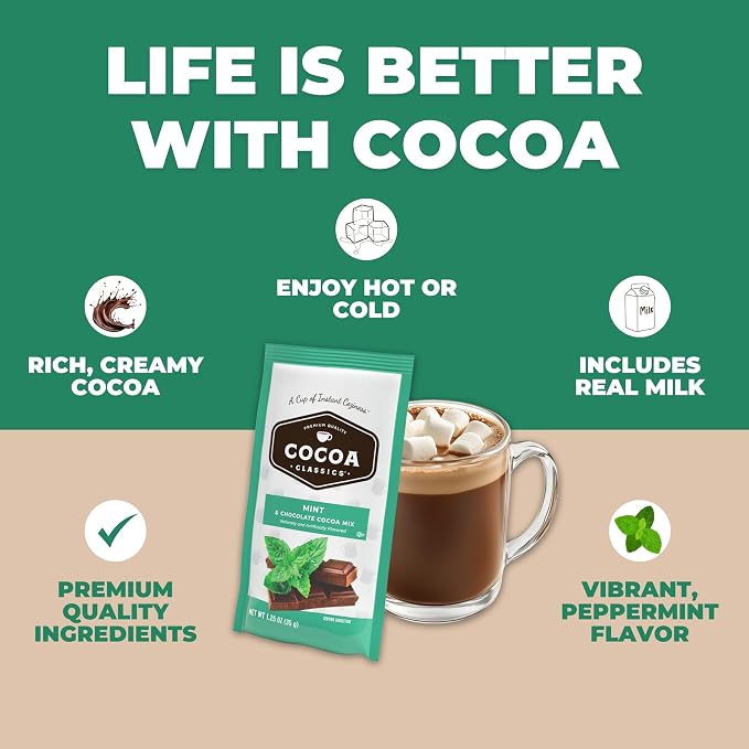 Cocoa Classics Mint Cocoa Mix, Hot or Iced, 1.25oz, 36 Pack | Mint cocoa mix with cool, refreshing flavor and chocolate notes; just add water for hot or iced cocoa with refreshing taste
