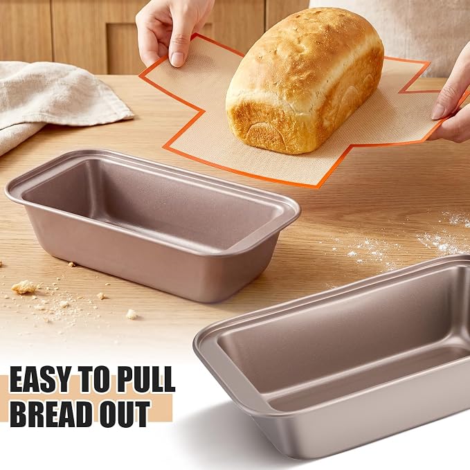 4 Pcs Loaf Pan with Liners Set 9 x 5 Inch Non-stick Bread Pan and Silicone Loaf Liners for Homemade Baking Carbon Steel Rectangular Baking Tray for Kitchen Sourdough Sandwich Home(Gold)