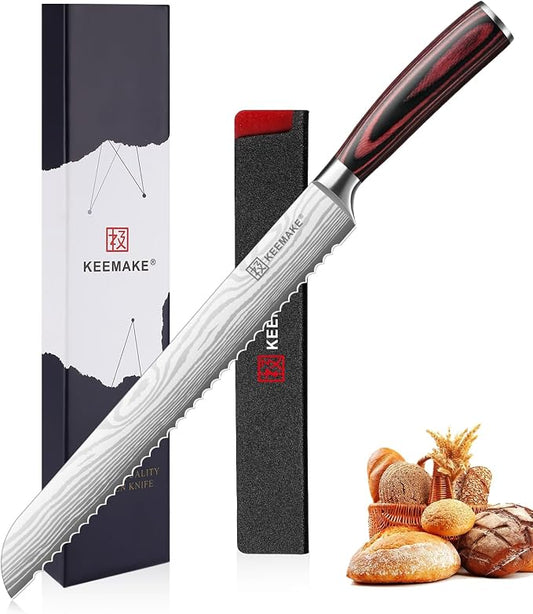 KEEMAKE 10 Inch Bread Knife for Homemade Bread - Ultra Sharp for Serrated Sourdough, Crusty Artisan Loaves, Bagels & Cake, High Carbon Stainless Steel Slicing Knife with Cover & Dad Gift Box