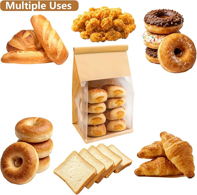 100PCS Bread Bags for Homemade Breads, 11x5.1x3.9 Inch Resealable Cookie Bags with Tin Tie Tab Lock, Paper Bakery Bag with Window for Packaging Bagels, Muffin, Scone, Brownie, Baked Goods Storage