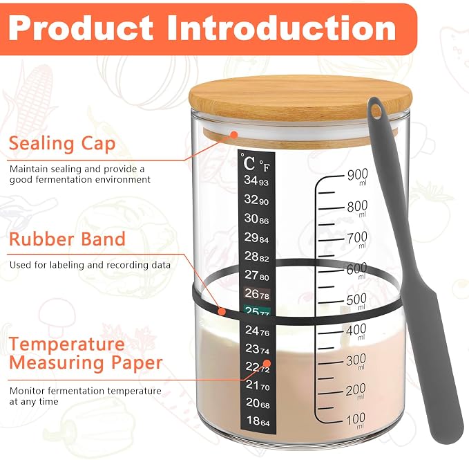 Large Sourdough Starter Jar Glass 900ml Capacity Sourdough Jar Wide Mouth with Scale Thermometer Paper Wooden Lid Cloth Cover Reusable Sourdough Starter Kit Bread Baking Supplies for Fermentation