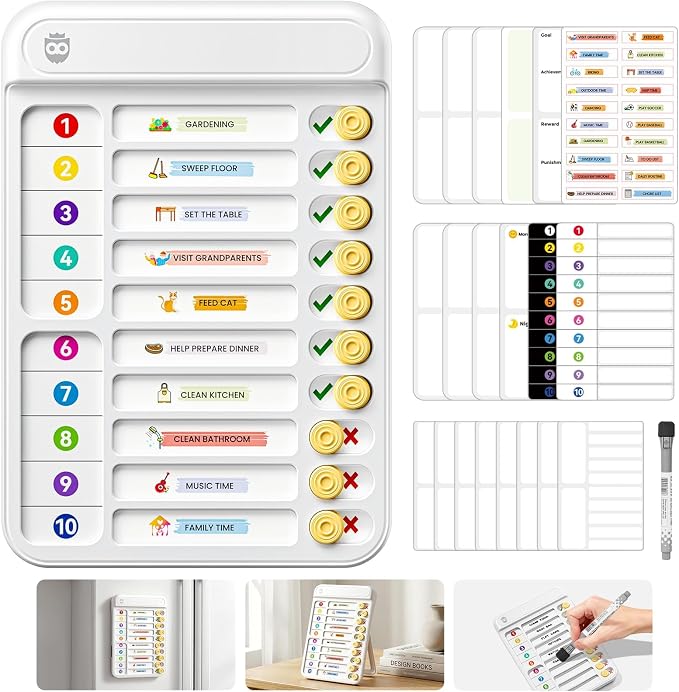 Chore Chart for Kids, Checklist Planning Board with Sliders, 19 Personalizable Sheets and Magnetic Marker, ADHD Tools for Kids to Do List Routine Chart Visual Schedule Magnetic Board for Fridge