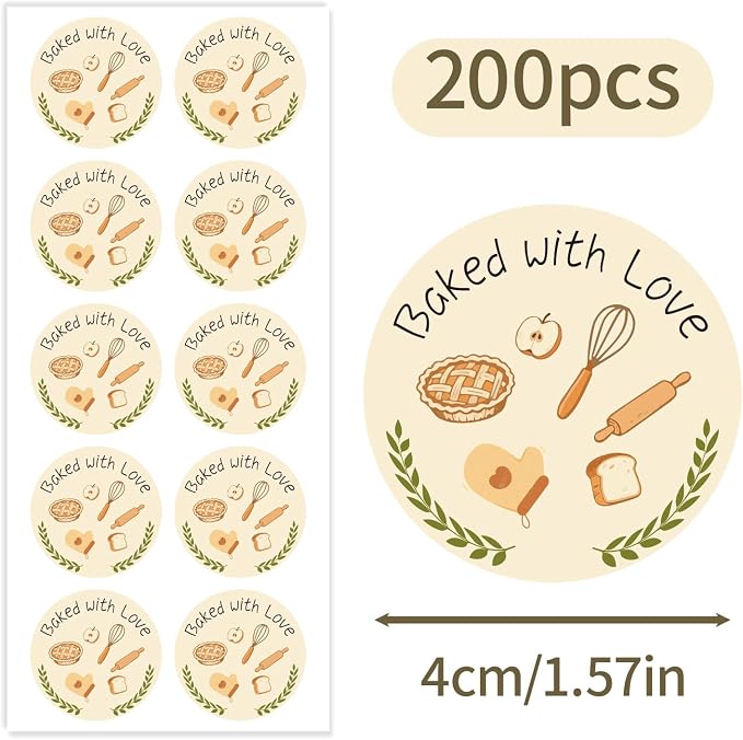 200PCS Baked with Love Stickers, 1.6 Inch Round Self-Adhesive Baking Labels, Bakery Tools Design Stickers for Homemade Bread Cookies Cake Boxes Goodie Bags Gift Wrapping