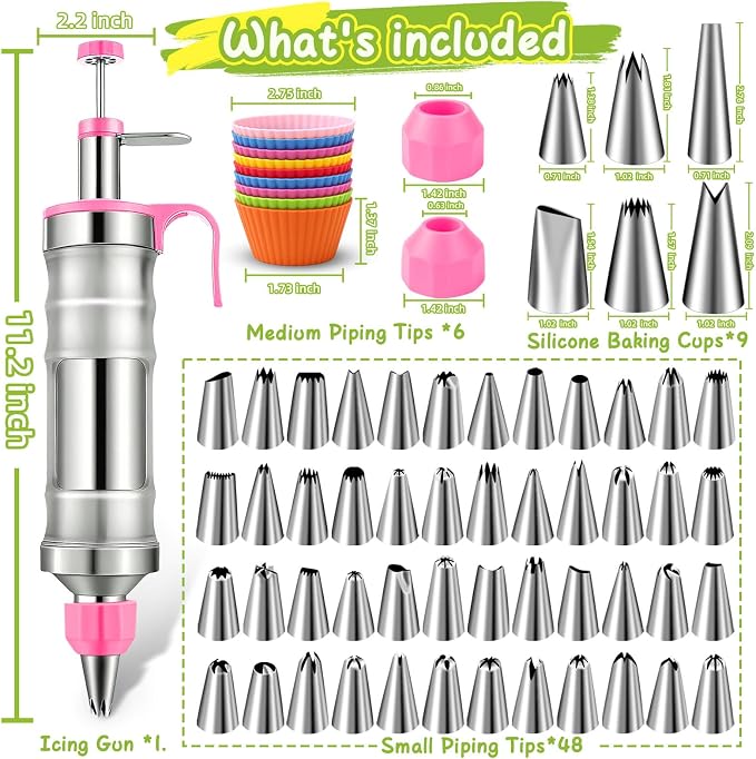 NOVANO Dessert Decorating Syringe Set, Frosting Piping Kit | Stainless Steel, 54 Piping Tips, 9 Silicone Cupcakes, Cake Decorating Kit, Cupcake Decorating Kit