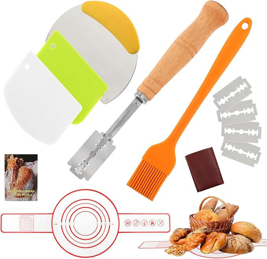 Bread Baking Tools Set, 12 Piece Kit with Silicone Baking Mat 21.5 cm, Bread Lame with 5 Blades and Pouch, Pastry Brush, 3 Dough Boards, Oven Safe Dishwasher Safe