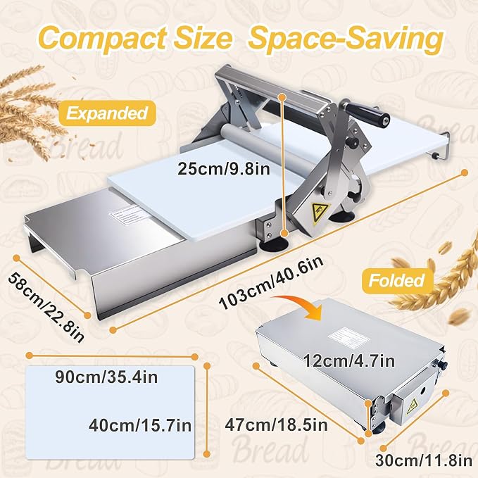 40.5"x22.8" Dough Sheeter Machine with Adjustable Thickness 0-25mm, Folding Dough Sheeter Machine for Commercial Home Bakery, Stainless Steel Portable manual sheeter for Pizza, Puff Pastry(400B)