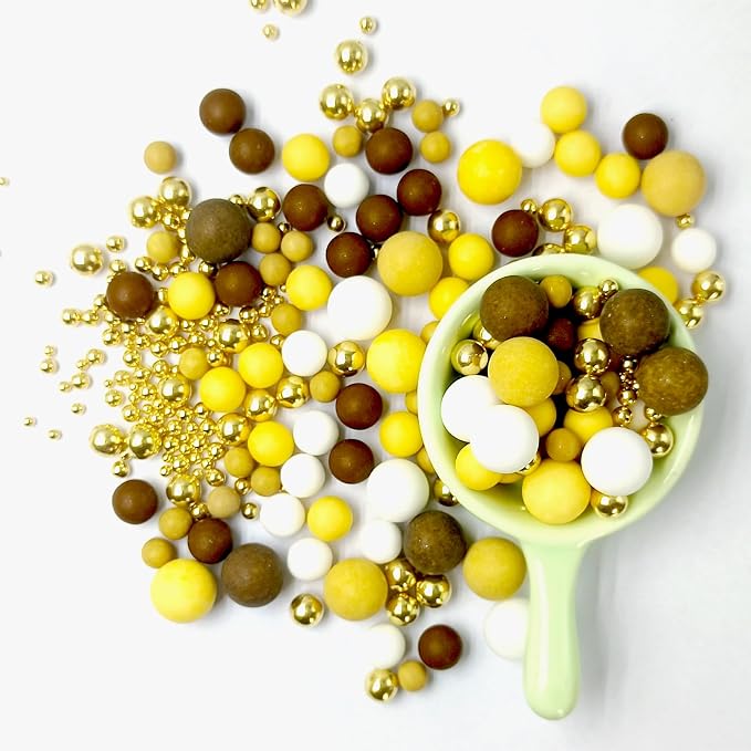 Edible Yellow Brown White and Gold Pearl Sprinkles 142g/ 5.01oz Mixed Color Size Pearl Sprinkles for Cake Decorating Candy Baking Decorations and Cookie Decorating for Wedding Parties Christmas