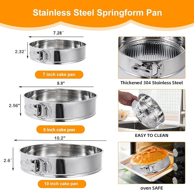 Springform Pan Set for Baking (9,10inches), 304 Stainless Steel Springform Cake Pan with Removable Bottom, Cheesecake Pan with 50PCS Parchment Paper for Pie Cake Pizza and Quiches