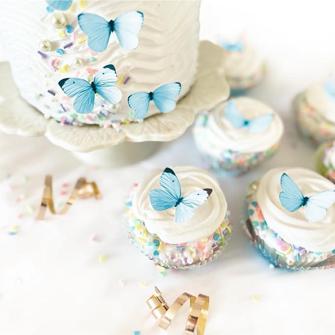 Sugar Robot Edible Butterflies for Cake Decorating - Small Pastel Blue Butterfly Cake Toppers and Cupcake Toppers - Decoration Made in the USA - Premium Crafted (Blue)