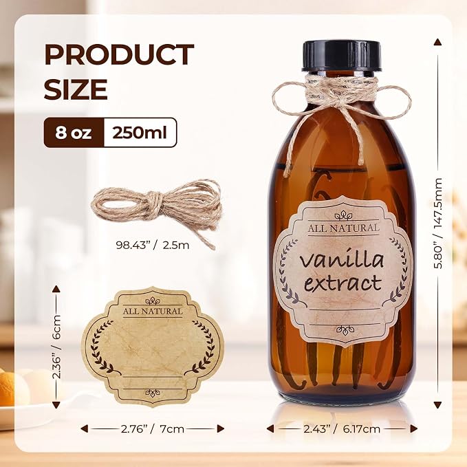 24 Pack 8 OZ Amber Glass Bottles with Lids, Leakproof Glass Bottles for Vanilla extract, Shampoo, Tinctures, Essential Oils, Homemade Hot Sauce, Syrup, Boston Round Brown Bottle