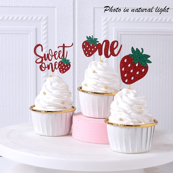 24 PCS Strawberry One Cupcake Toppers Glitter Sweet One First Birthday Strawberry Cupcake Picks for Fruit Theme Baby Shower Kids 1st Birthday Anniversary Party Cake Decorations Supplies Red