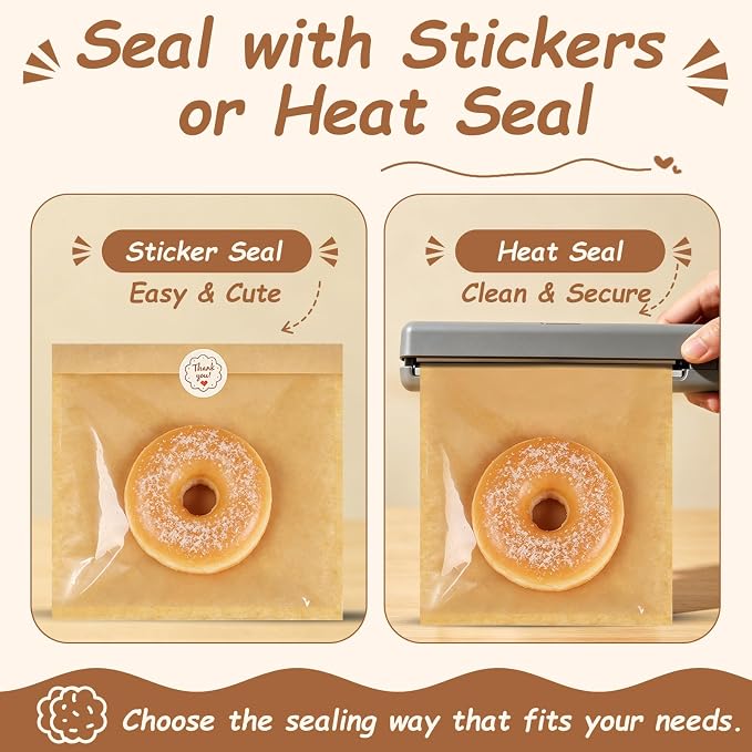 AgePlace 250 Pack Cookie Bags with Seal, 7.1 x 7.5 Inch Kraft Paper Bakery Bags with Window, Storage Box Included, Self Sealing & Grease Resistant Cookie Packaging for Donuts,Brownies,Scones & Muffins